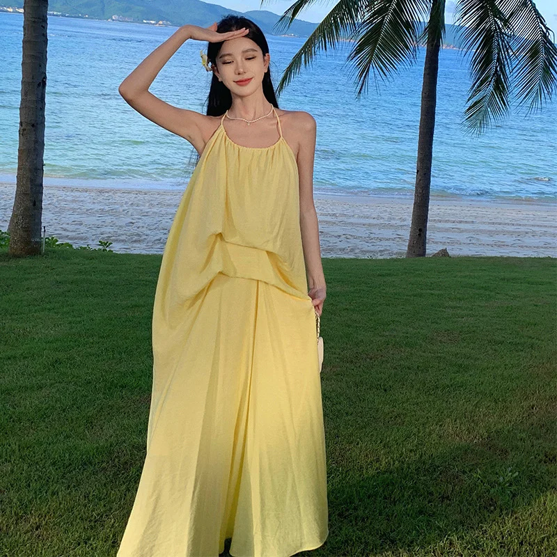 Zingj Zingj Hanging Neck Cotton Linen Dew Back Holiday Dress Female Leisure Loose Temperament Halter Belt Long Skirt
