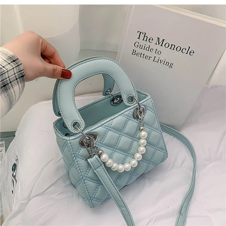 Elegant Female Pearl Small Tote bag 2021 Summer New Quality PU Leather Women's Designer Handbag Lattice Shoulder Messenger bags