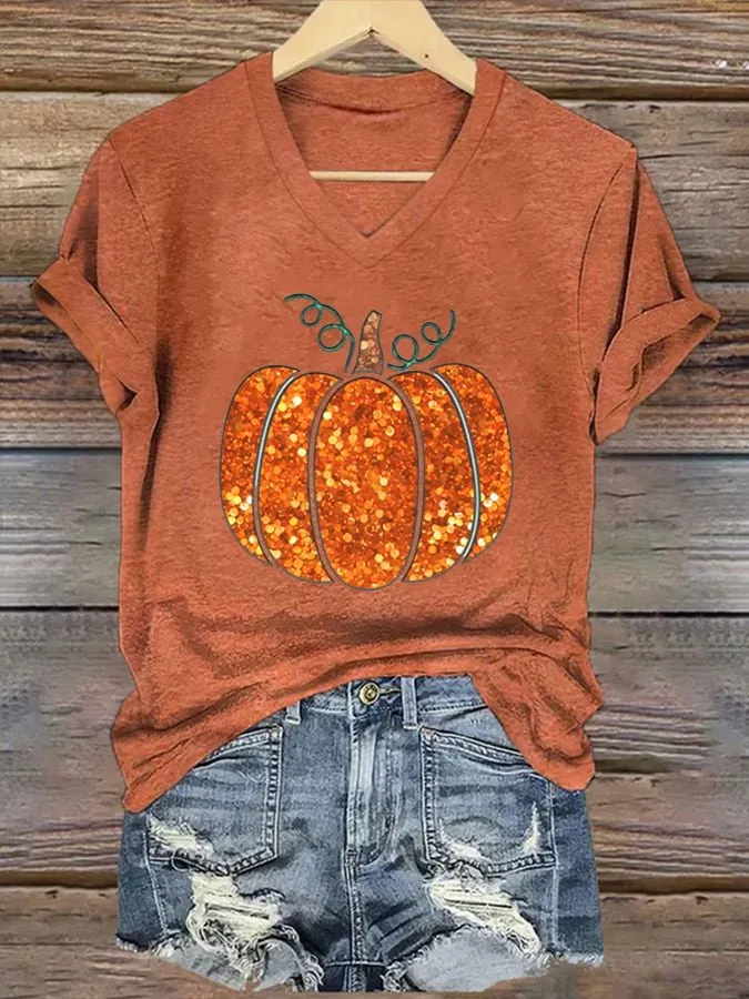 Women's Sequin Pumpkin Print Casual T-Shirt 