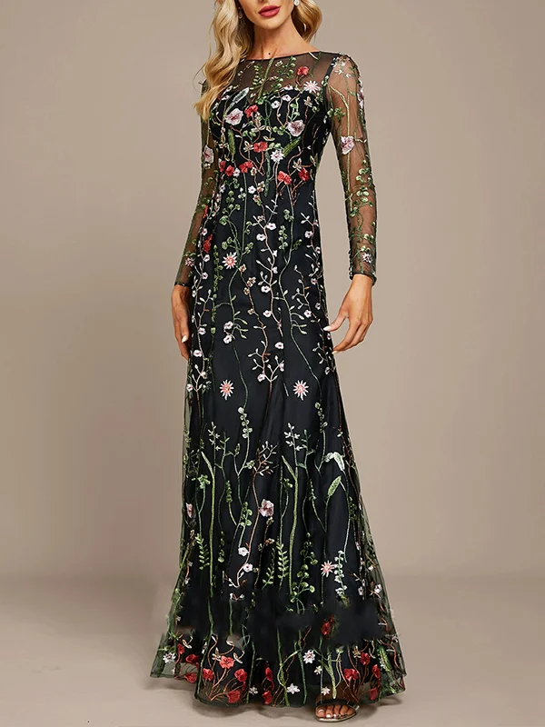 Flat Neck Embroidered and Lace Evening Dress