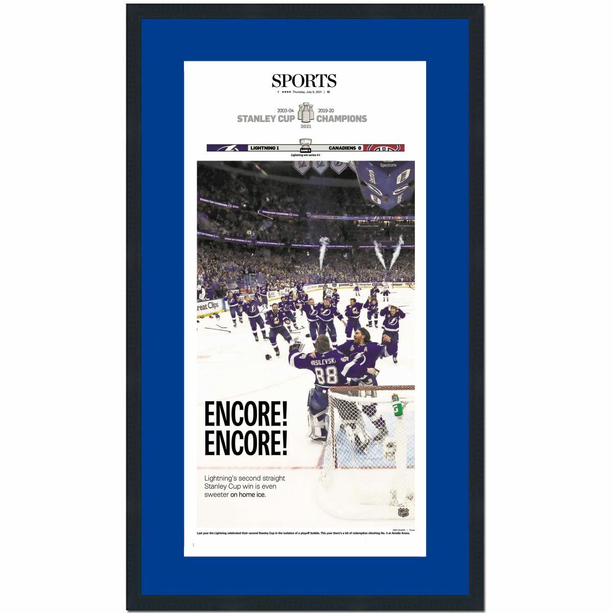 Framed Tampa Bay Times Lightning 2021 Stanley Cup Champs Newspaper 17x27 Photo Poster painting 2