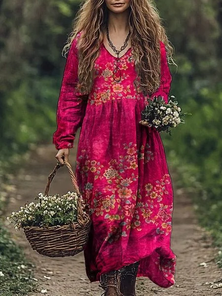 Retro-Blumen kunst druck V-Ausschnitt Elegantes schickes Langarm-Midi kleid