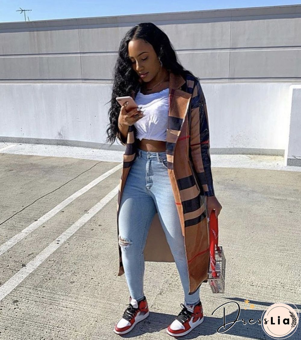 Women's Plaid Print Long-sleeved Lapel Long Coat