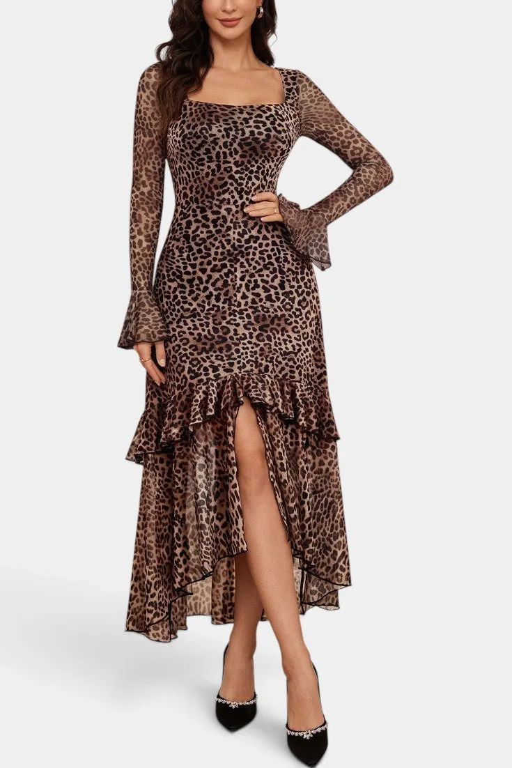 Leopard-Print Asymmetric Maxi Dress with Sheer Bell Sleeves