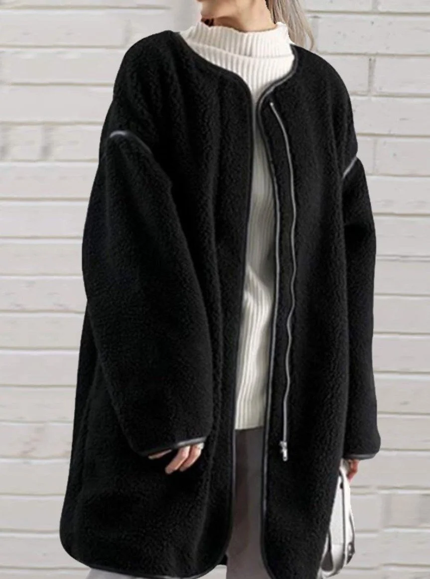 Loose Solid Color Stitching Long-Sleeved Round Neck Zipper Coat | EGEMISS