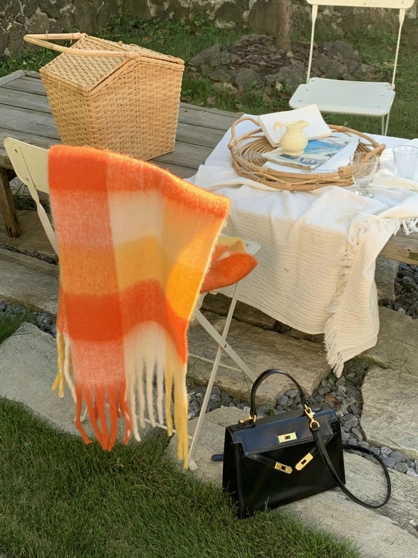 Knock On The Beauty Drop ~ A Big Love Thick Braid Rainbow Checkered Color Matching Scarf Winter Cashmere Plaid Tassel Shawl