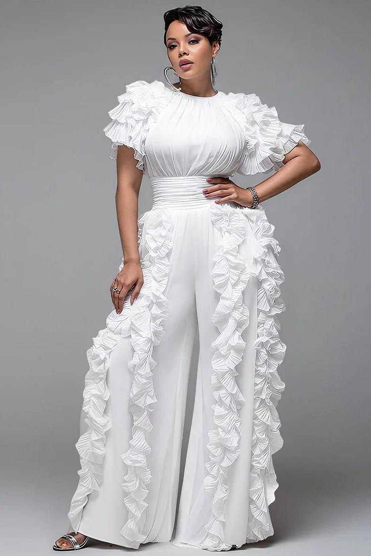 Xpluswear Design Plus Size Daily White Round Neck Short Sleeve Ruffle Pocket Chiffon Jumpsuits [Pre-Order] 2024 - Xpluswear