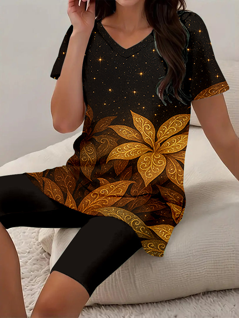 Women Long Sleeve V-neck Graphic Floral Printed Top