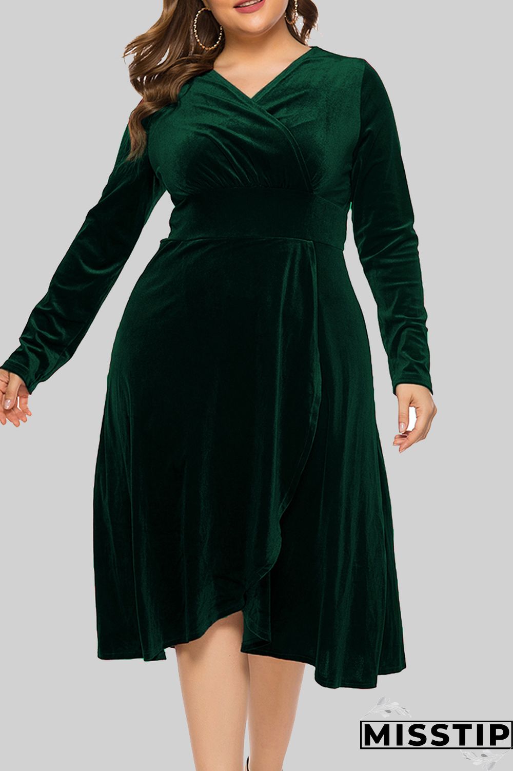 Burgundy Casual Solid Patchwork V Neck Long Sleeve Plus Size Dresses