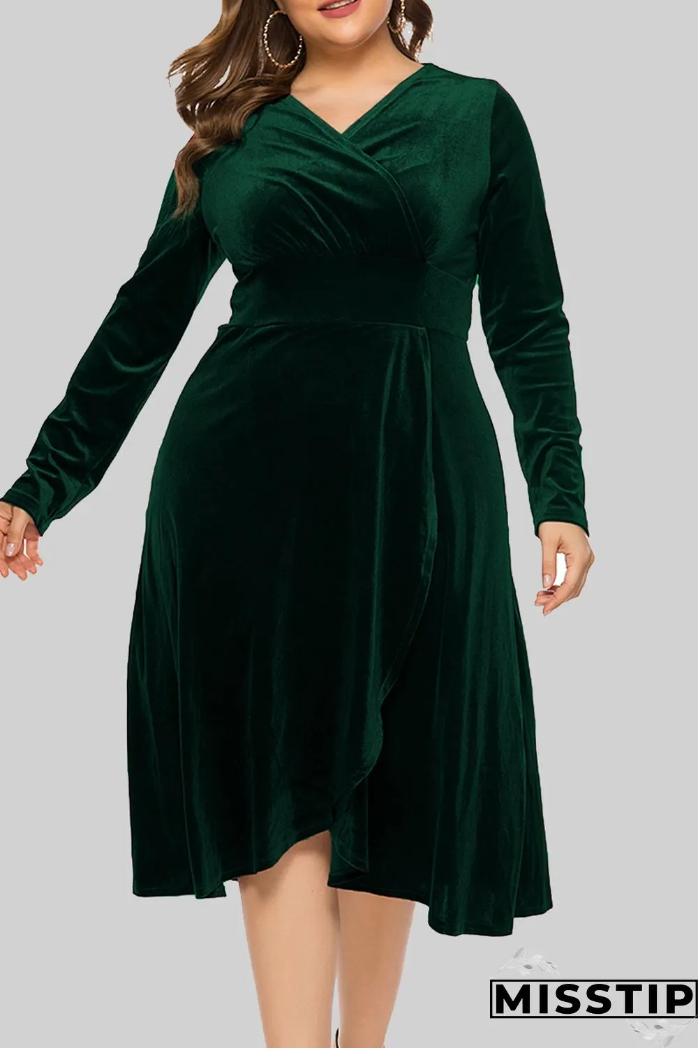 Burgundy Casual Solid Patchwork V Neck Long Sleeve Plus Size Dresses