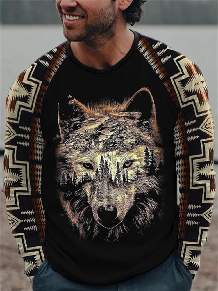 Western Ethnic Wolf Print Long Sleeve T Shirt