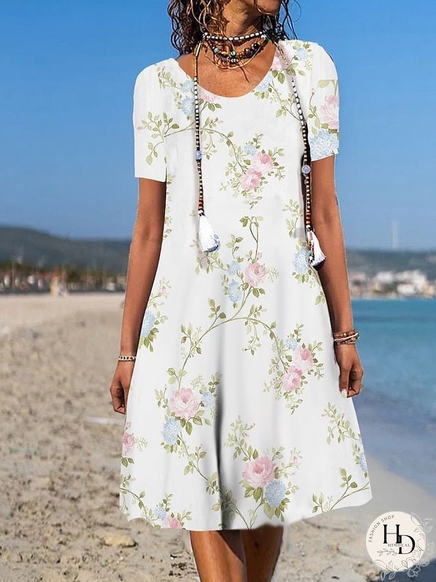 Casual Dress Floral Dress Summer Dress Graphic Floral Pocket Print Crew Neck Midi Dress Fashion Modern Daily Holiday Short Sleeve Loose Fit Aqua Blue White Light Green Summer Spring S M L XL for Women