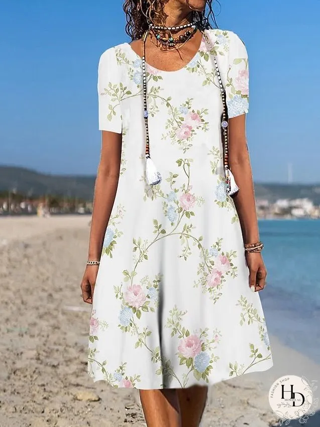 Casual Dress Floral Dress Summer Dress Graphic Floral Pocket Print Crew Neck Midi Dress Fashion Modern Daily Holiday Short Sleeve Loose Fit Aqua Blue White Light Green Summer Spring S M L XL for Women
