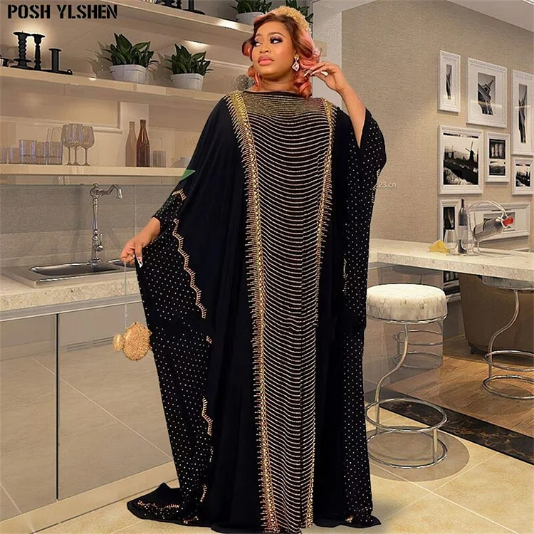 Chiffon Diamonds Caftan Dress African Dresses for Women 2022 Traditional Nigeria Lady Abaya Musulman Boubou Robe Femme Clothes QueenFunky