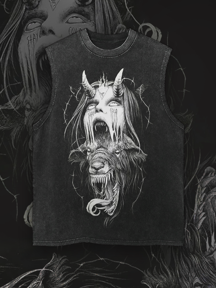 Shoptechwear Art Satanic Goat Skull Devil Dark Acid Wash Casual Vest