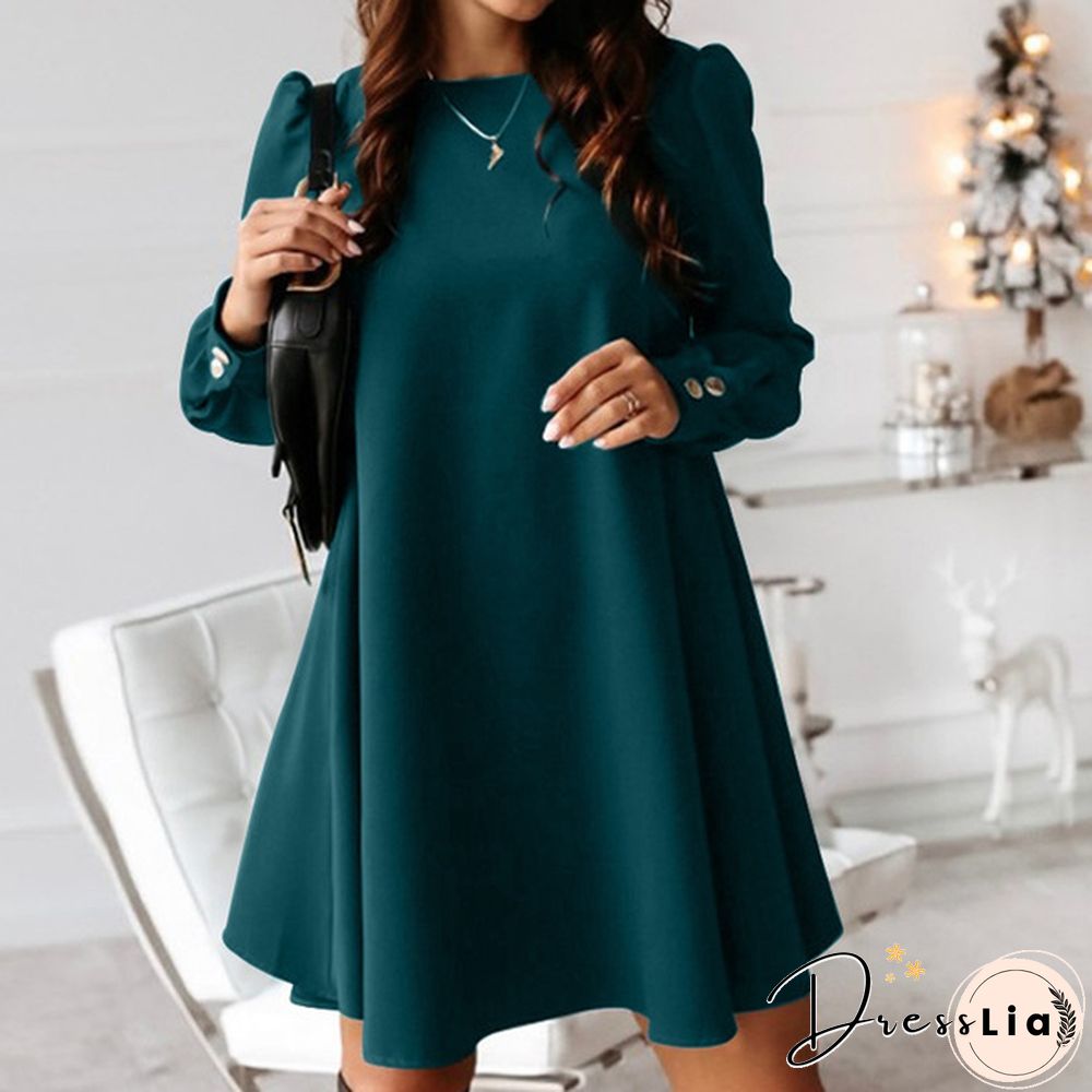 Womens O Neck Solid Loose Casual Party Cocktail Dress A Line Evening Mini Dress