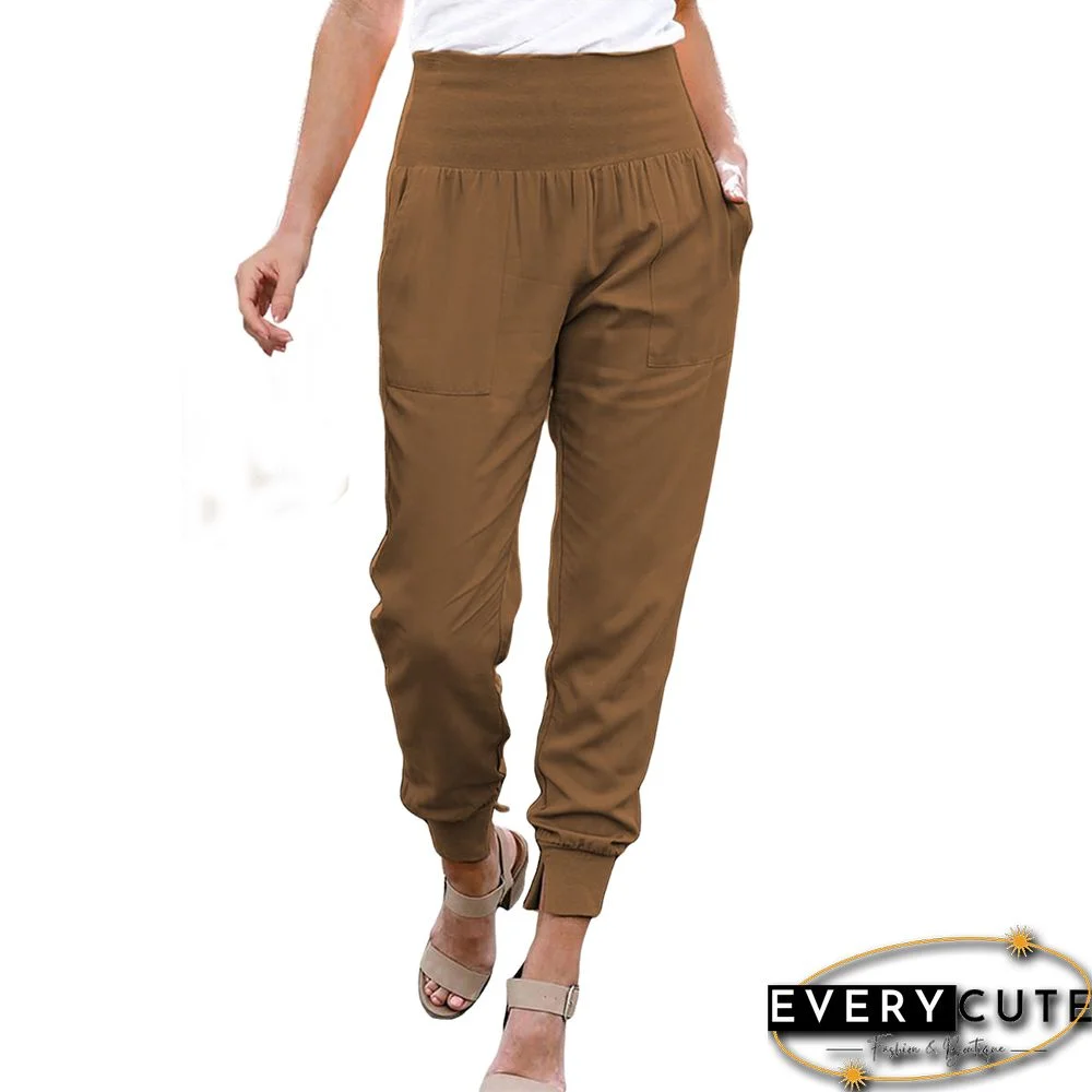 Khaki High Waist Pocket Cropped Pants with Slit