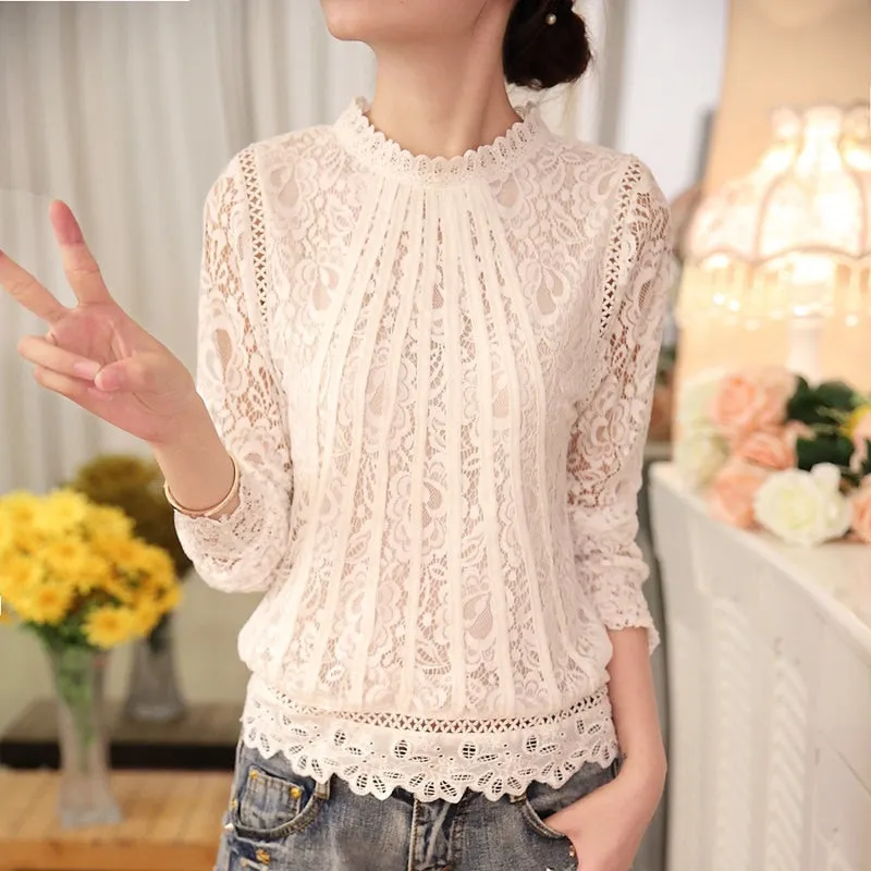 2021 New Spring Lace Shirts Long Sleeve White Women Blouse Chiffon Shirts Tops for Women Summer Sexy White Top Female 51C