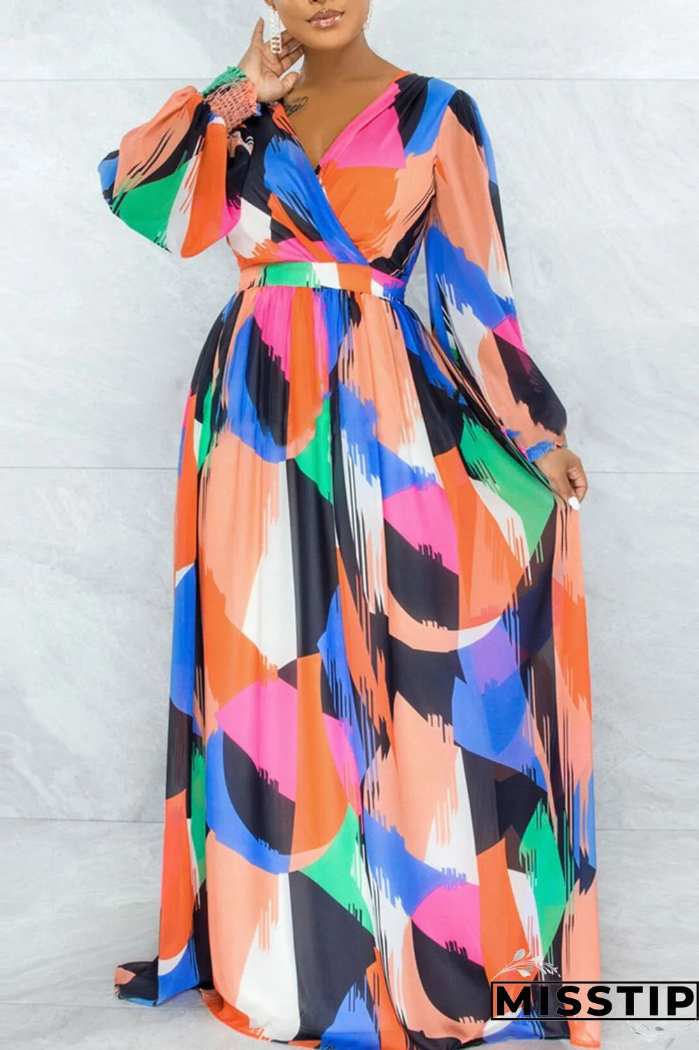 Multi-color Elegant Print Patchwork Frenulum Backless V Neck Long Sleeve Dresses