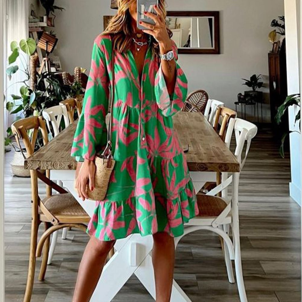 Mint Green and Pink Tropical Long Sleeve Mini Dress