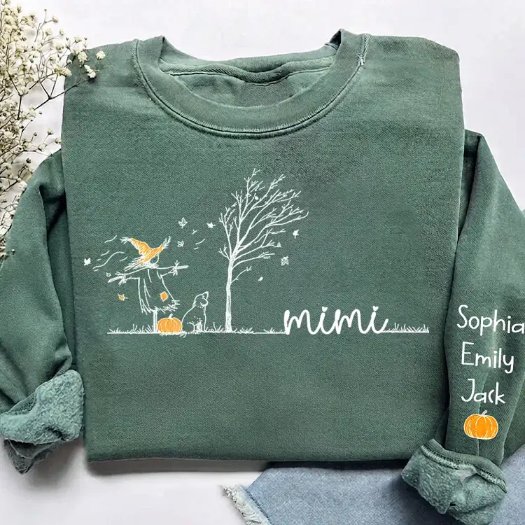 Personalized Mimi Sweatshirt, Custom Kids Names, Minimalist Scarecrow Dog Tree Pumpkin Sweatshirt, Gift For Grandma, Autumn
