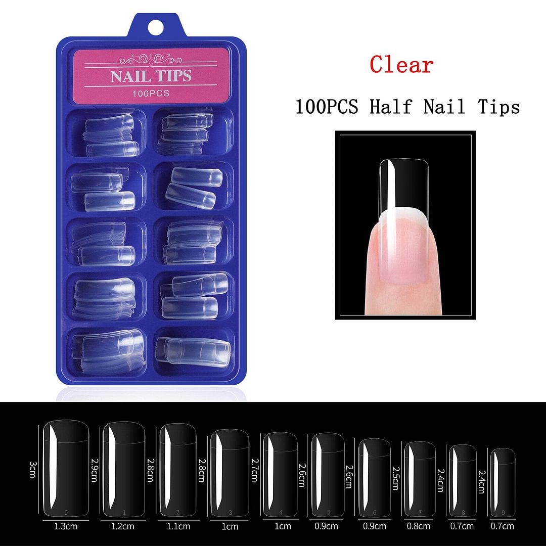 Boxed 100PCS French Full Cover Half Cover Nail Tips 10 Size Clear White False Nail Tips for Building Extend Manicure Accessories