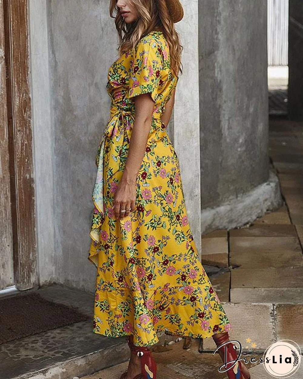 Floral Print Short Sleeve Cross Lace-up Waist Elegant Ladies Dresses