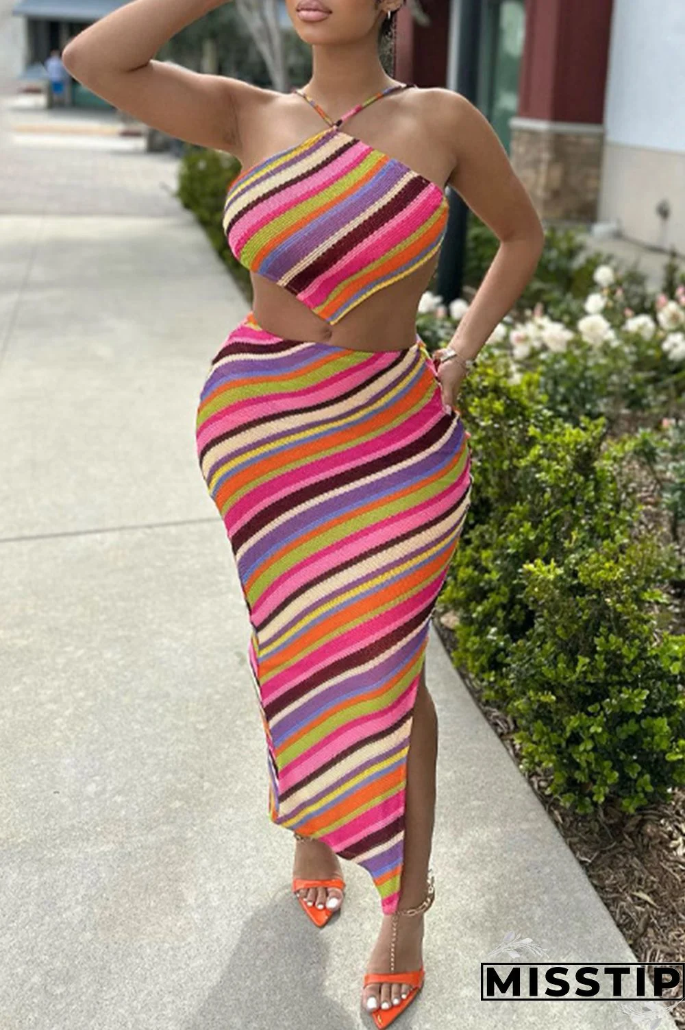 Colour Sexy Patchwork Bandage Backless Slit Spaghetti Strap Sleeveless Two Pieces