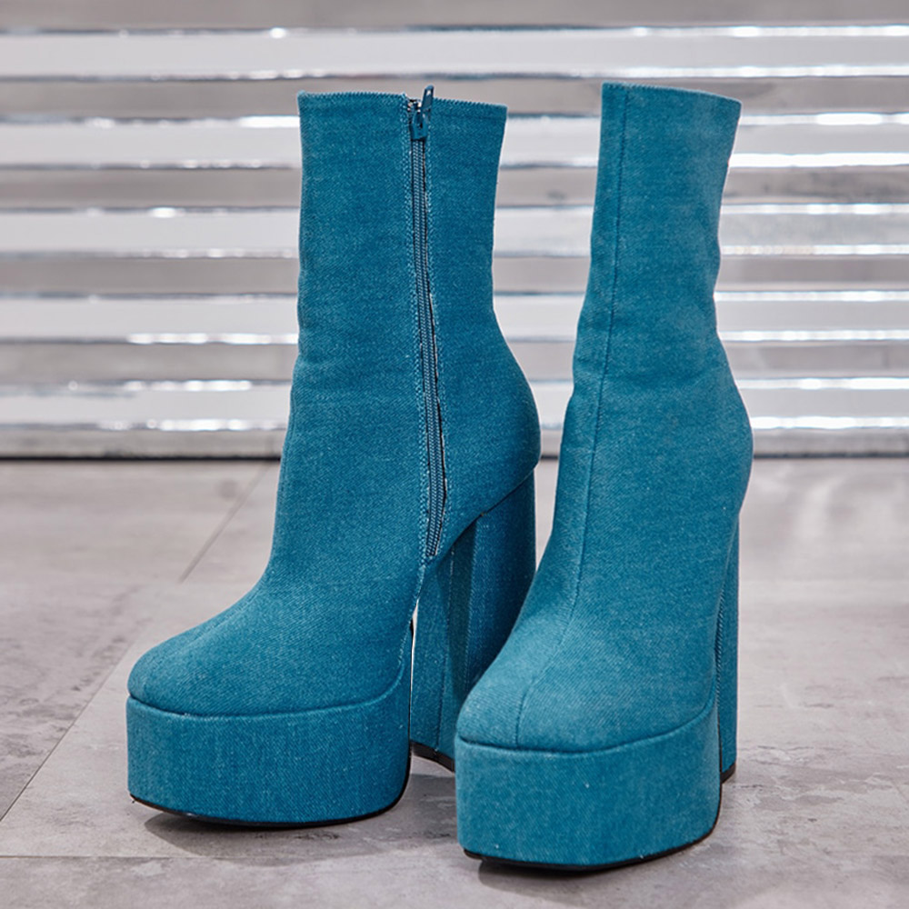 Women's Blue Square Toe Zipper Chunky Heel Denim Boots with Platform Nicepairs