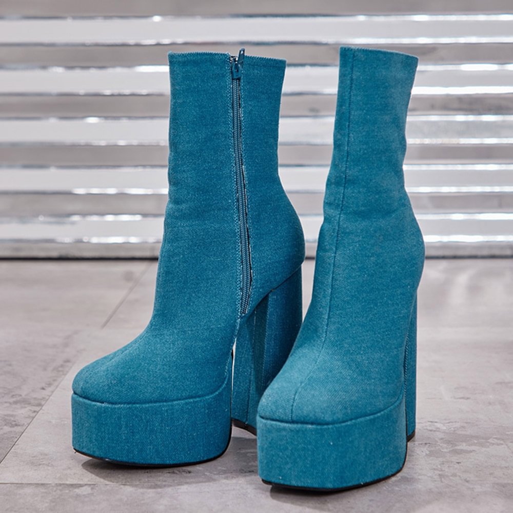 Ankle Boots With Platform Chunky Heels Blue Booties Nicepairs