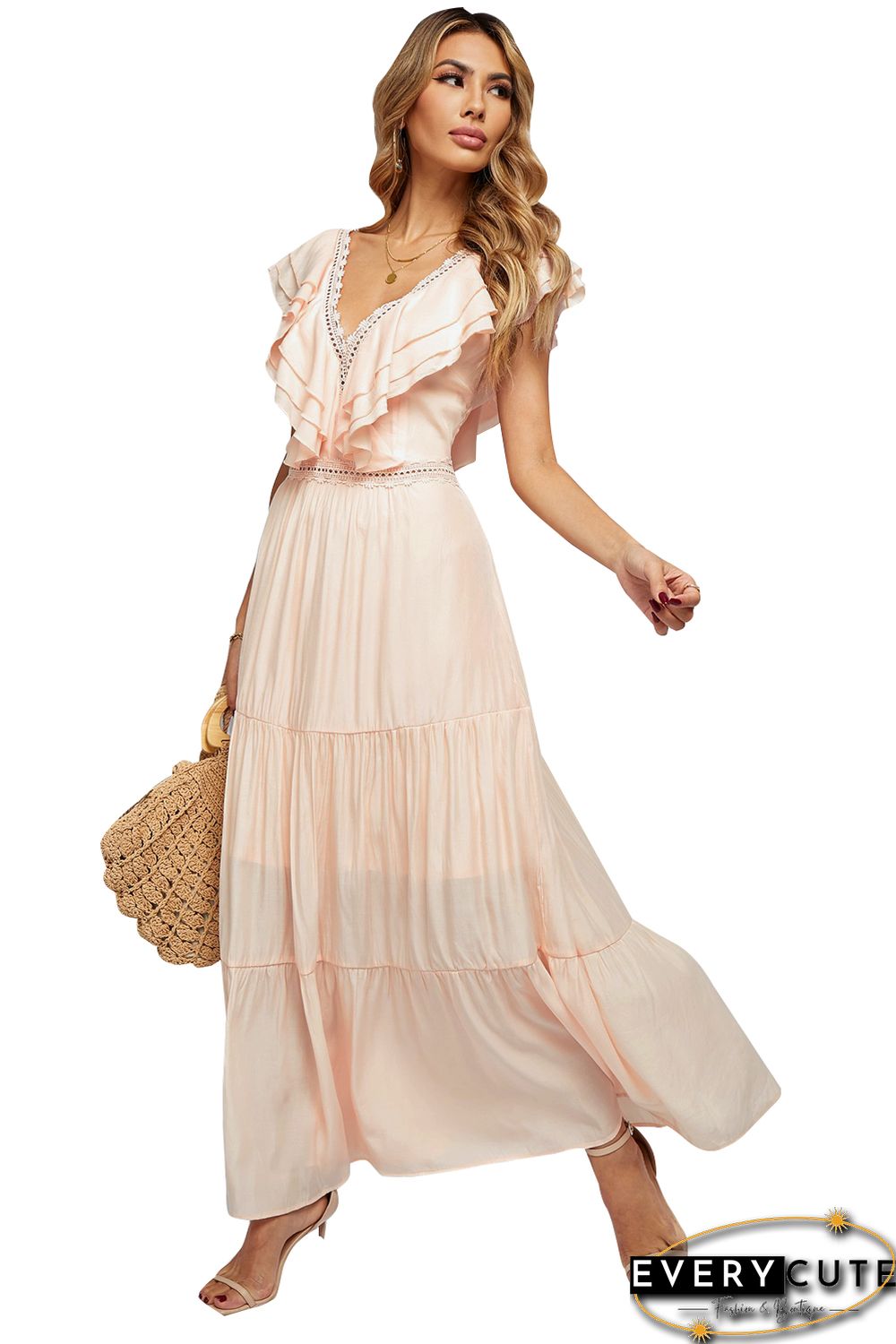 Pink Lace Splicing Ruffled Deep V Neck Maxi Dress