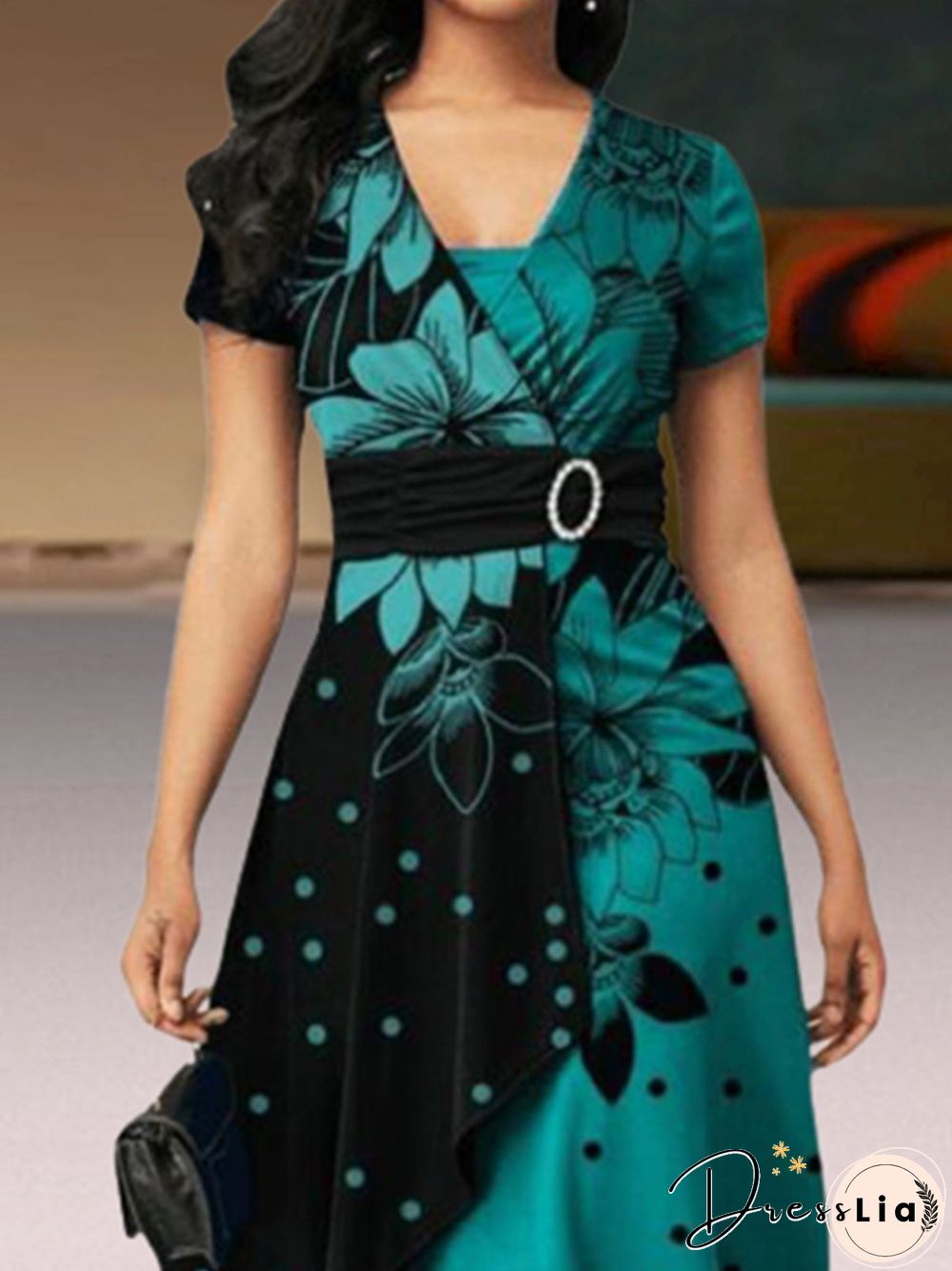 Vintage Color-Block Polka Dots Floral Printed Short Sleeve Plus Size Casual Knitting Dress