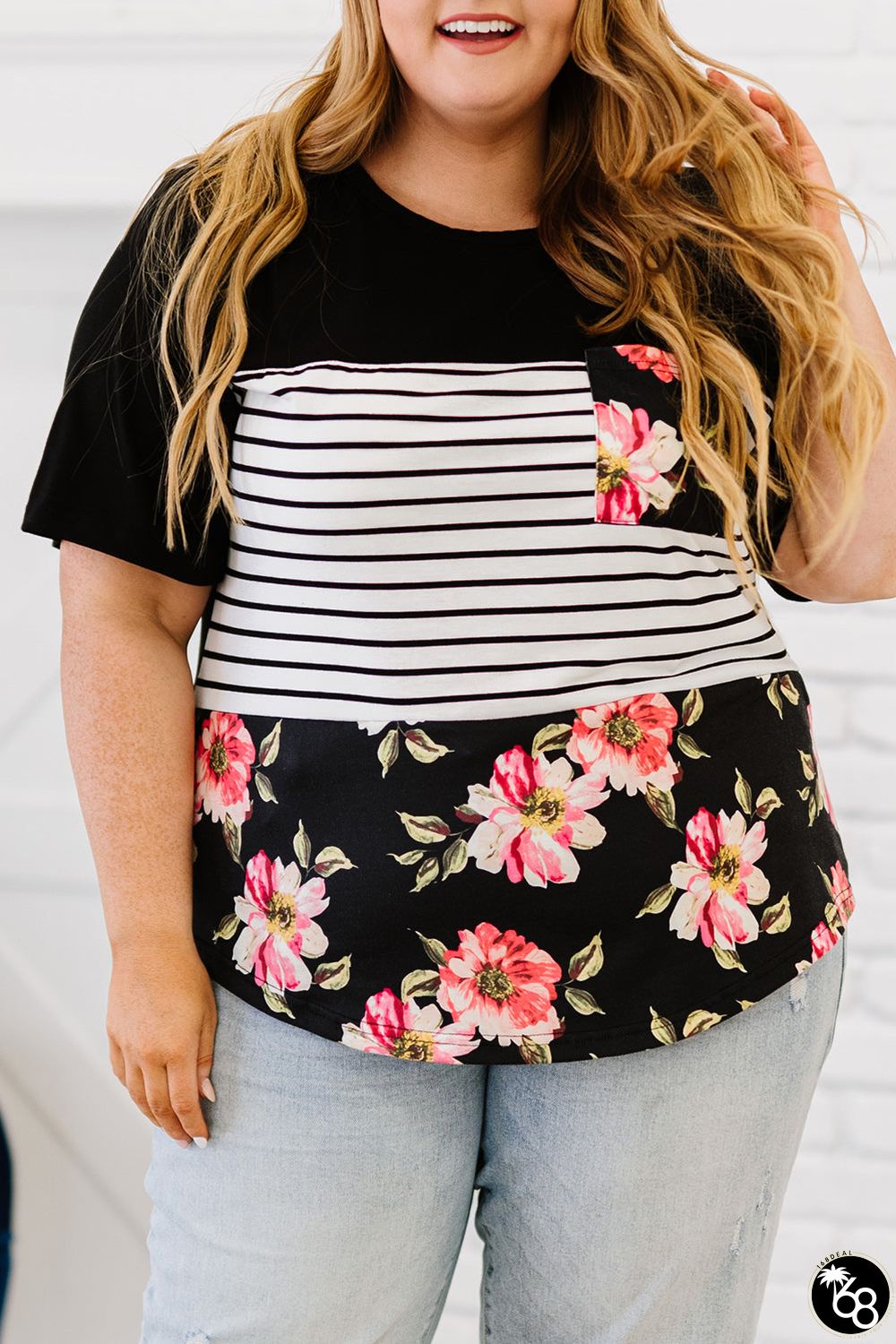 Black Plus Size Splicing Block Stripe Floral Short Sleeve Top | 168DEAL