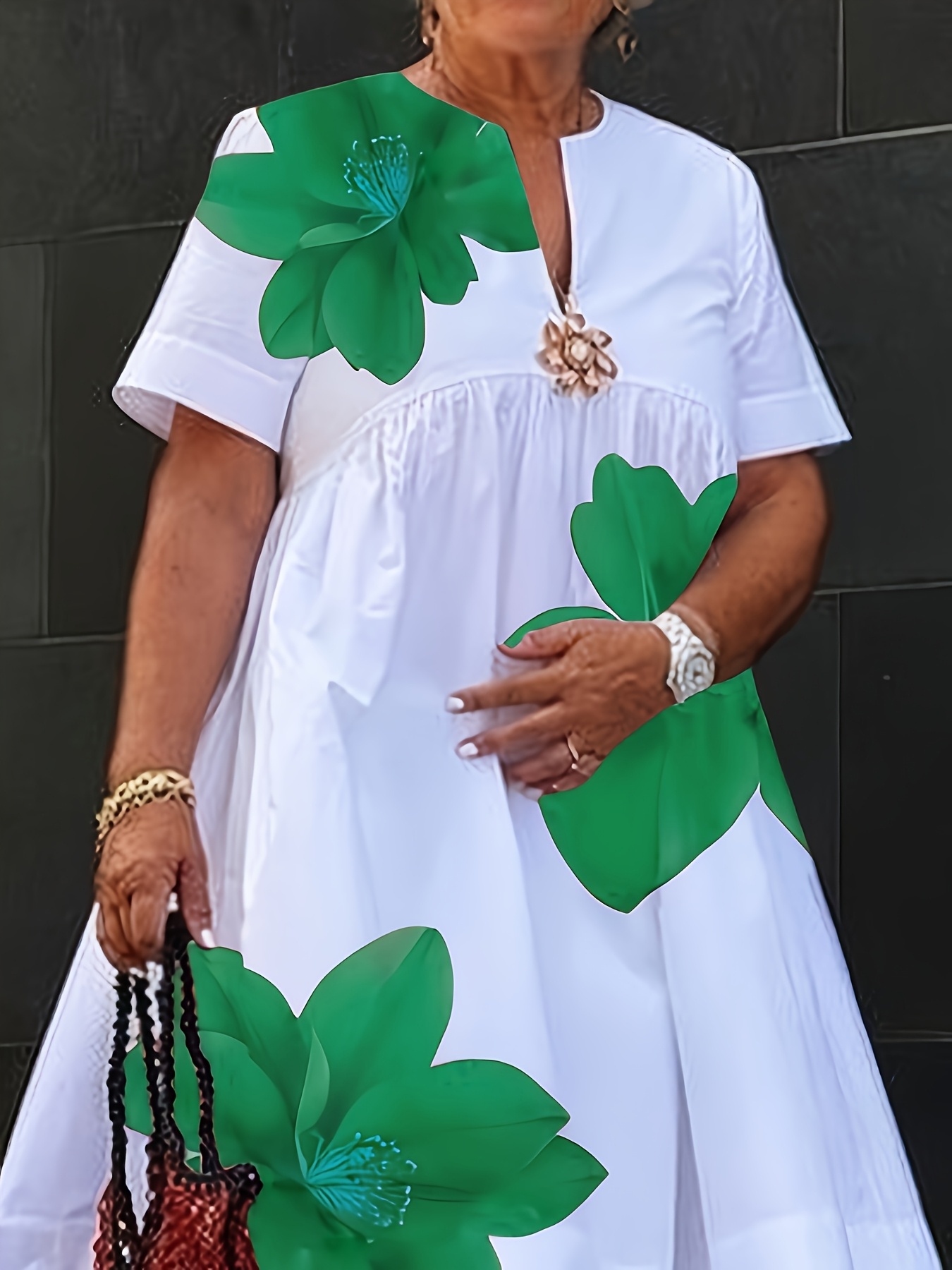 Alofi Women's 2025 Summer Dress - V-Neck Pleated Short Sleeves, Loose A-Line Fit With Orange Floral Print, Breathable Casual Midi Dress For Urban & Leisure Fashion S-2xl), Vacation Outfit, Soft Material, Adult Clothing | IFYHOME