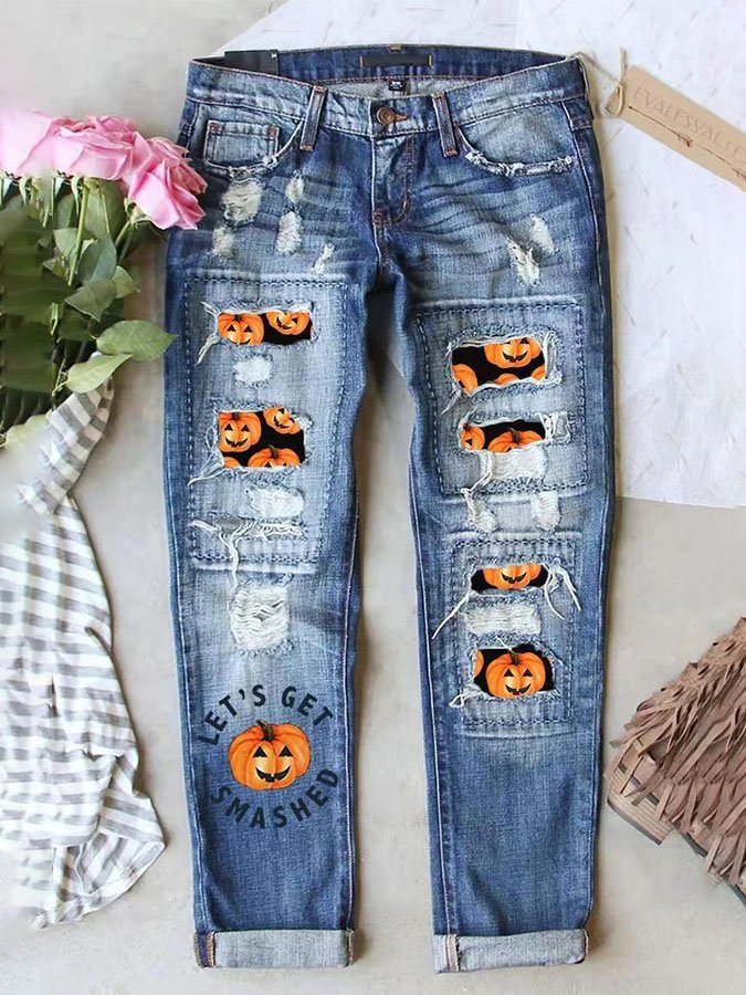 Halloween Pumpkin Print Straight Jeans