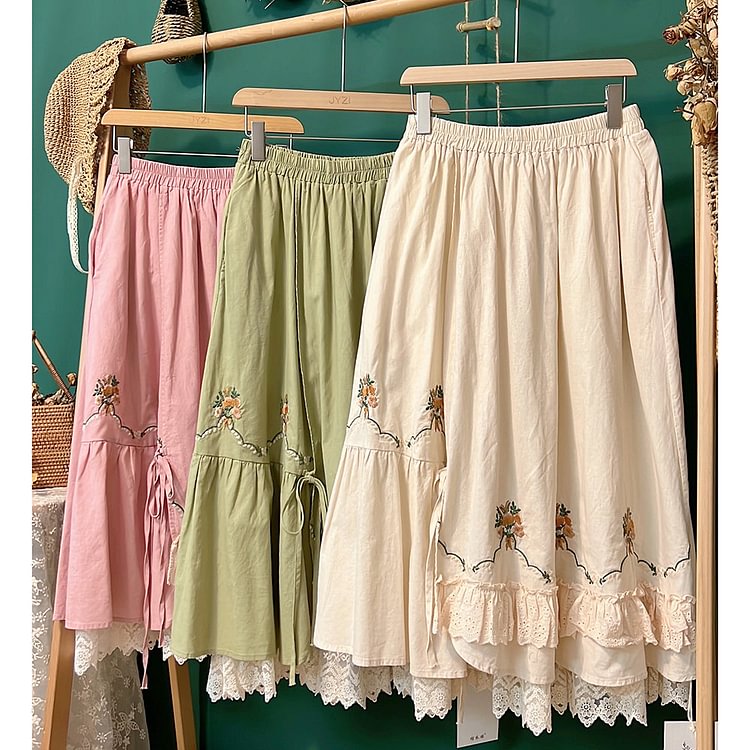 Queenfunky cottagecore style Embroidered Skirt With Lace Hem QueenFunky