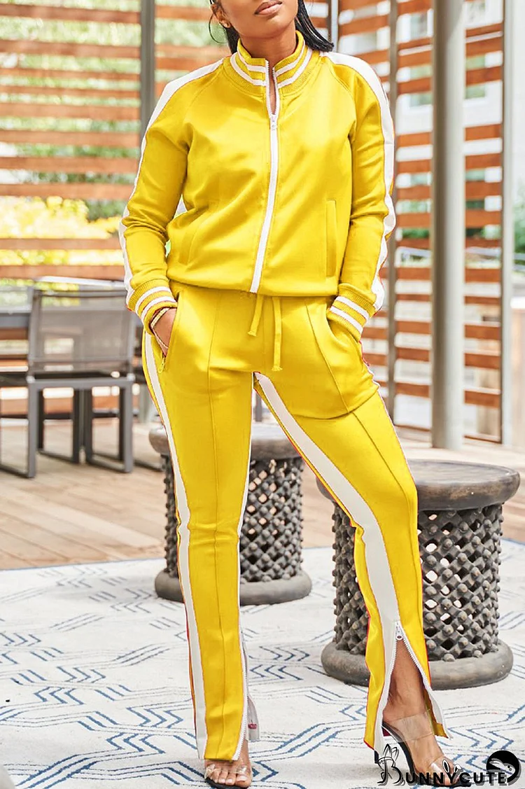 Yellow Casual Solid Patchwork Slit Zipper Collar Long Sleeve Two Pieces
