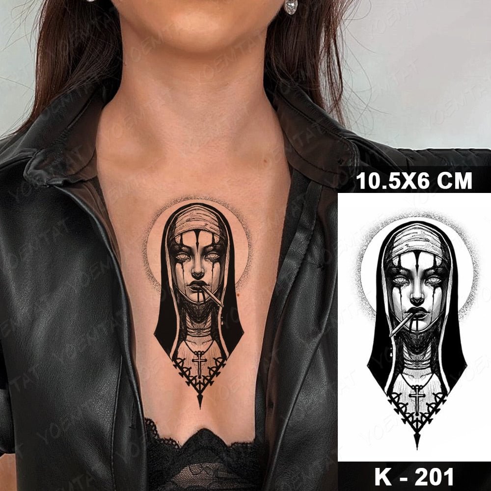 Waterproof Temporary Tattoo Stickers Nun Maria Prajna Diablo Old School Flash Tatto Arm Chest Body Art Fake Tattoos Women Men