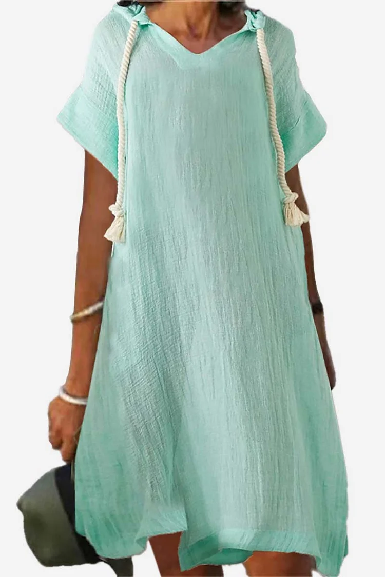 Wide Short Sleeve V Neck Hoodie Drawstring Green Casual Linen Midi Dress
