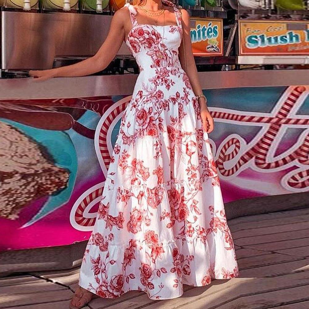 Red Attractive Print Sleeveless Maxi Dress