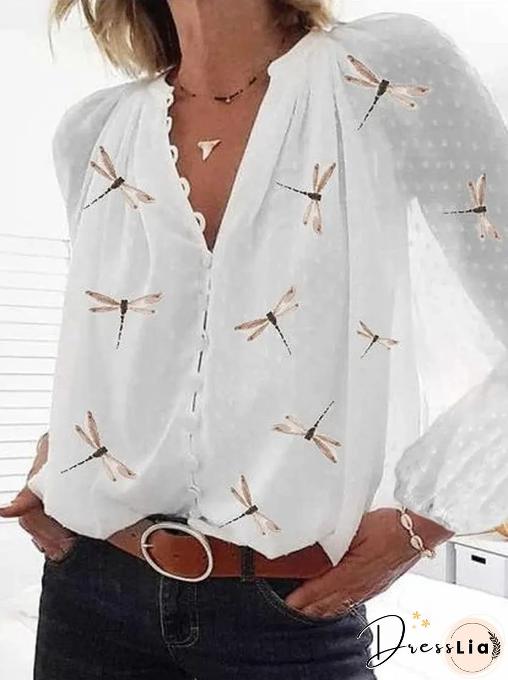 Women Casual Chiffon Floral Long Sleeve V Neck Blouse