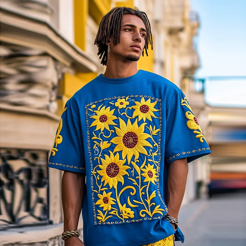 Comstylish Men's Ukrainian Sunflower Embroidered Casual T-shirt