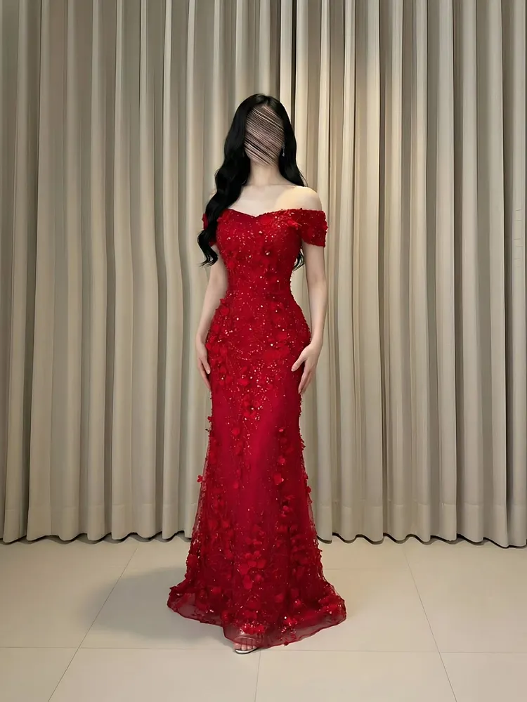 Off-The-Shoulder Sleeveless High Waist Long Prom Dress With Pearls And Sequins | Red SatinAnd Tulle CO0047