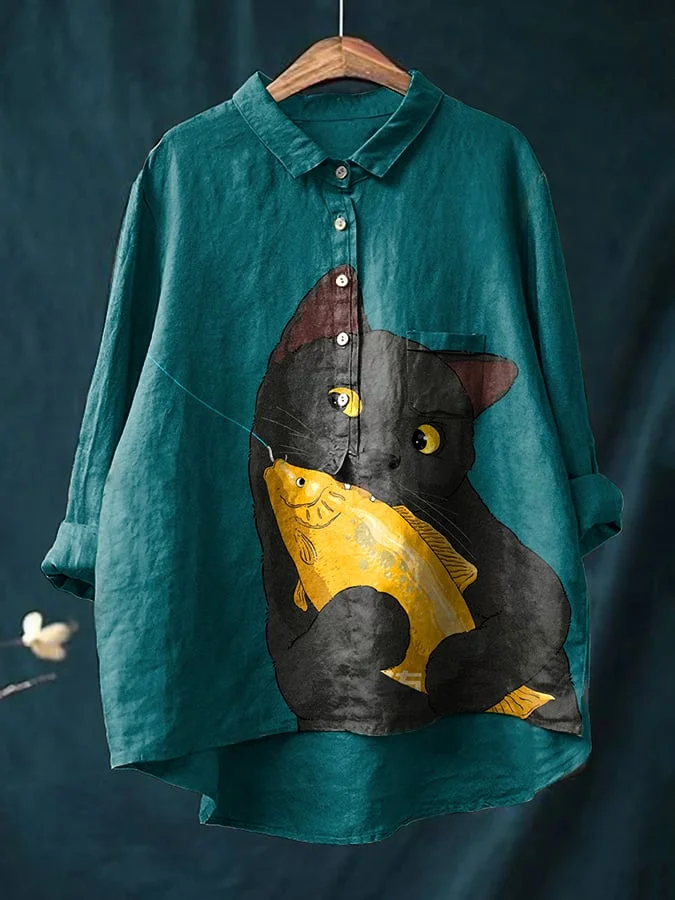 Womens Funny Cat And Fish Print Cotton And Linen Shirt