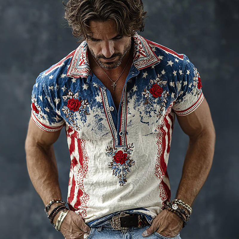  Men's Vintage Flag And Floral Pattern Contrast Patchwork Art Polo Shirt Westsshops