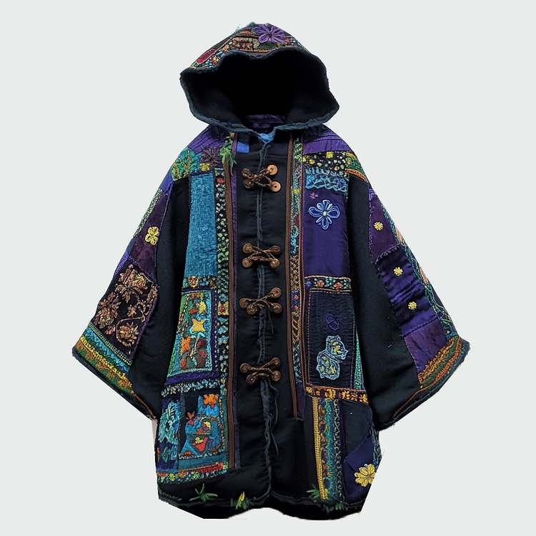 Ethnic print hooded disk-button robe 6ea7