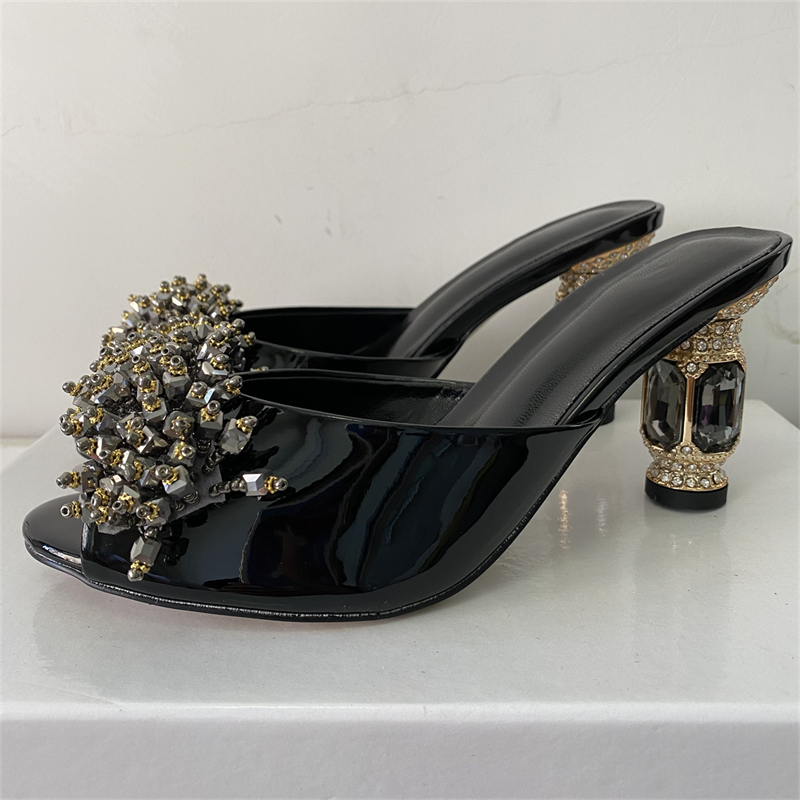 Beads Flower Decor Modern Sandals Women Patent Leather Slingbacks Rhinestone Diamond High Heel Mules