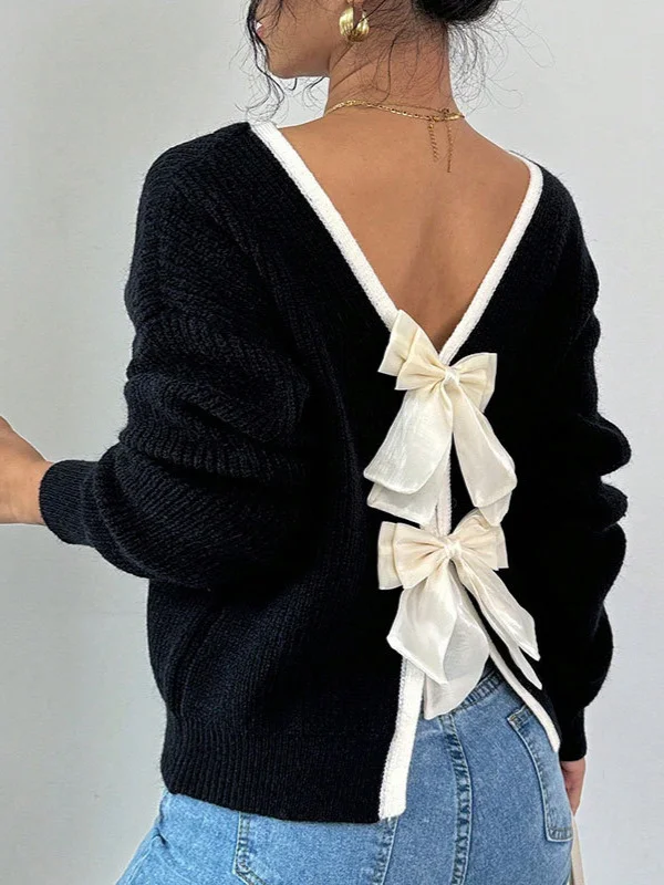 Athvotar Athvotar And Winter New Sweater Women's Fashion Back Bow Decorated Round Collar Knitted Shirt