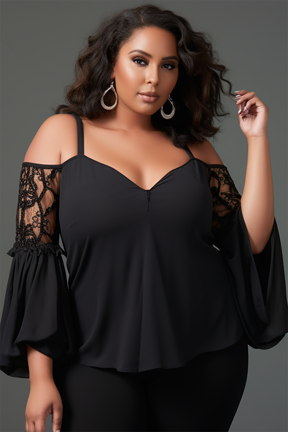Design Plus Size Daily Black Open Shoulder Long Sleeve Knitted Blouses [Pre-Order]