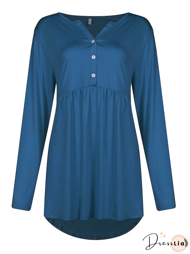 T shirt Tee Light Blue claret Deep Purple Plain Button Flowing tunic Long Sleeve Daily Weekend Basic V Neck Long Plus Size L for Women